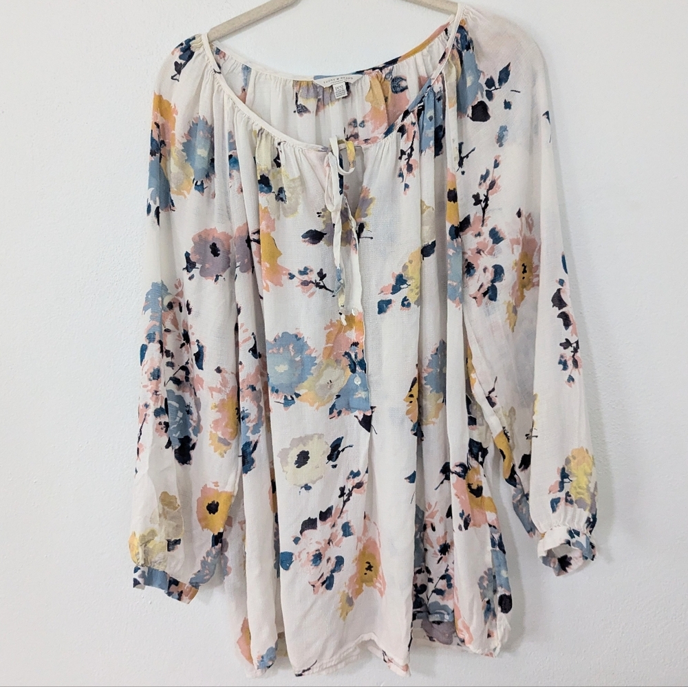 Lucky Brand Floral Print Peasant Top Tie Neck 3/4 Sleeve Beige 1X